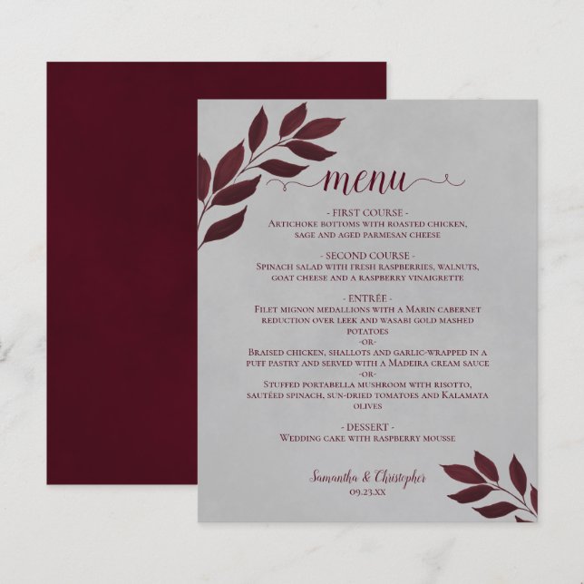 Burgundy Leaves on Gray Budget Wedding Menu (Front/Back)