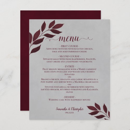 Burgundy Leaves on Gray Budget Wedding Menu