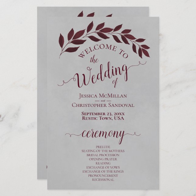 Burgundy Leaves on Gray Budget Wedding Program (Front/Back)