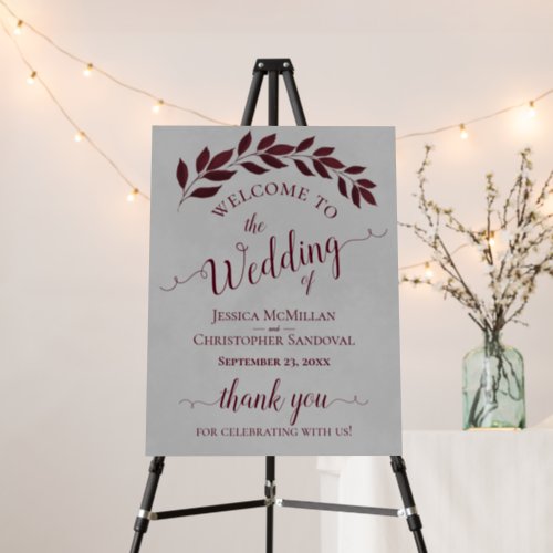 Burgundy Leaves on Gray Elegant Wedding Welcome Foam Board