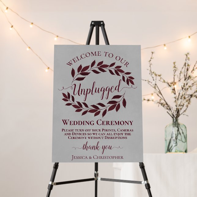 Burgundy Leaves on Gray Unplugged Wedding Ceremony Foam Board (In Situ (Stand))