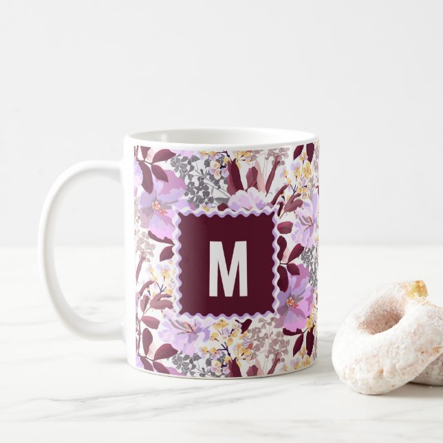 Burgundy Leaves Purple Floral Pattern | Monogram Coffee Mug (With Donut)