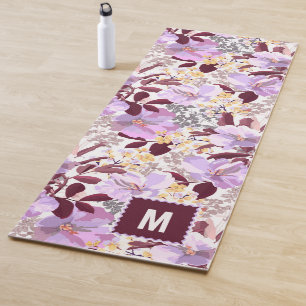 Burgundy Leaves Purple Floral Pattern   Monogram Yoga Mat