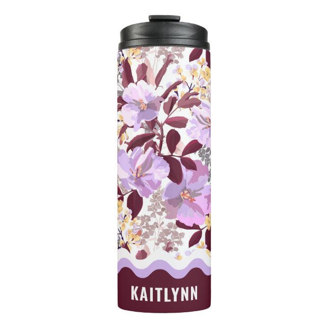 Burgundy Leaves Purple Floral Pattern Personalised Thermal Tumbler (Front)