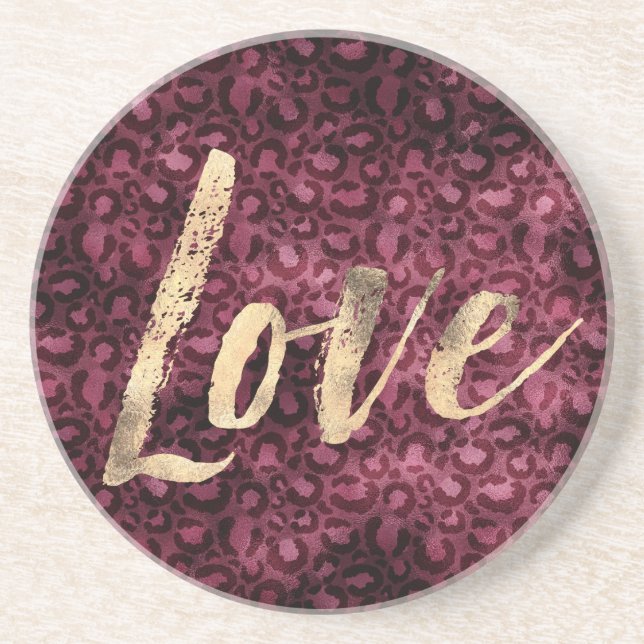 Burgundy Leopard Print Gold Love Coaster (Front)