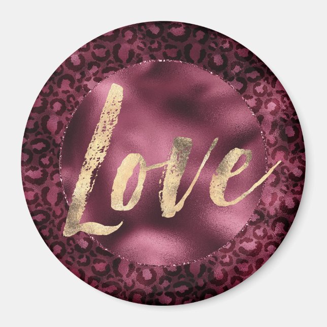 Burgundy Leopard Print Gold Love Magnet (Front)