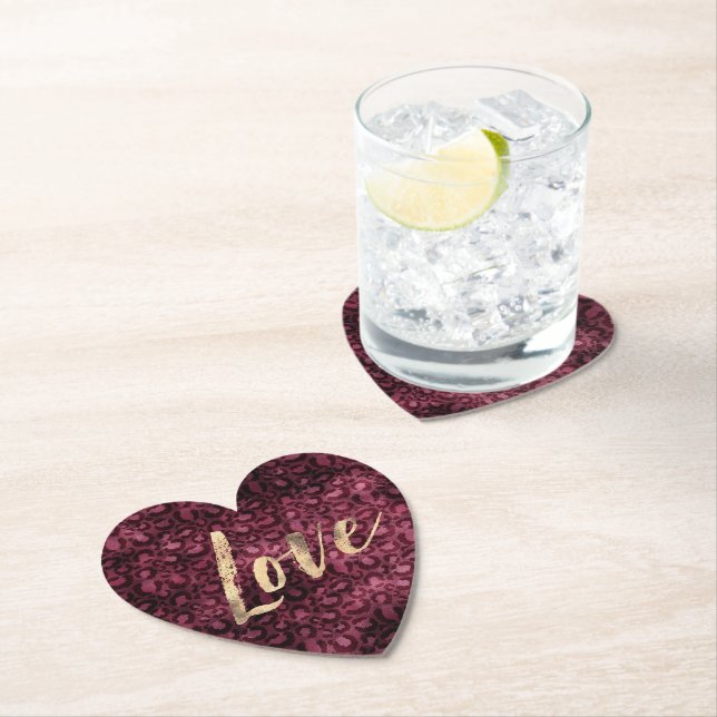Burgundy Leopard Print Gold Love Paper Coaster (Insitu)