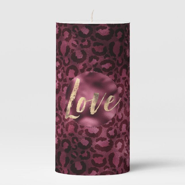 Burgundy Leopard Print Gold Love Pillar Candle (Front)