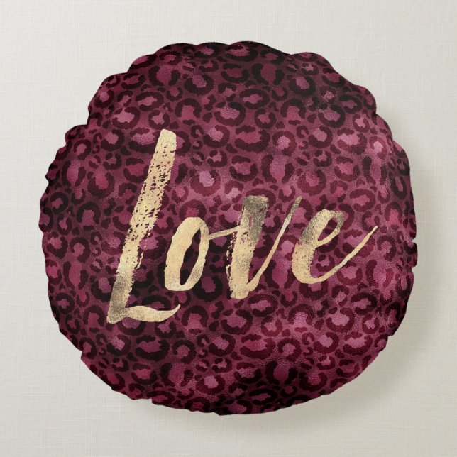 Burgundy Leopard Print Gold Love Round Pillow (Front)