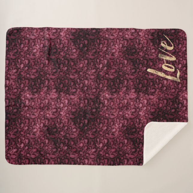 Burgundy Leopard Print Gold Love Sherpa Blanket (Front (Horizontal))
