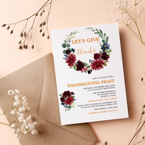 Burgundy Lets Give Thanks Thanksgiving Feast  Invitation