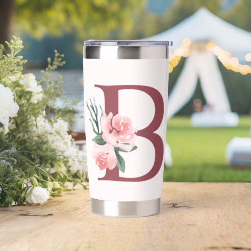 Burgundy Letter B and Blush Floral Design Insulated Tumbler