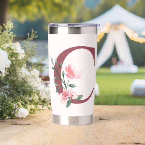 Burgundy Letter C and Blush Floral Design Insulated Tumbler