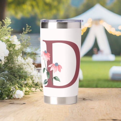 Burgundy Letter D and Blush Floral Design Insulated Tumbler