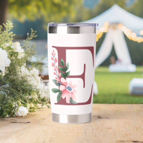 Burgundy Letter E and Blush Floral Design Insulated Tumbler