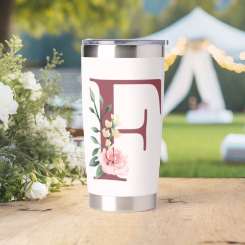 Burgundy Letter F and Blush Floral Design Insulated Tumbler