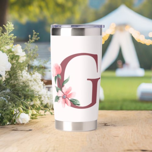 Burgundy Letter G and Blush Floral Design Insulated Tumbler