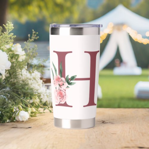 Burgundy Letter H and Blush Floral Design Insulated Tumbler