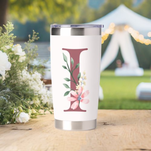 Burgundy Letter I and Blush Floral Design Insulated Tumbler