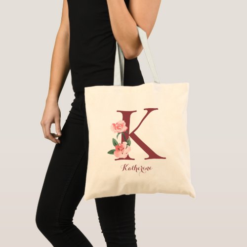Burgundy Letter K and Blush Floral Personalized Tote Bag