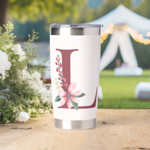 Burgundy Letter L and Blush Floral Design Insulated Tumbler