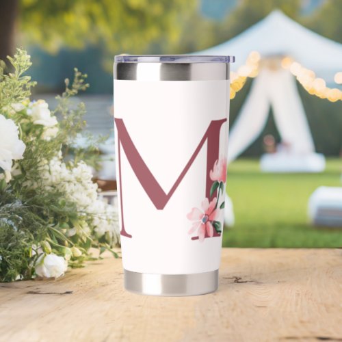 Burgundy Letter M and Blush Floral Design Insulated Tumbler