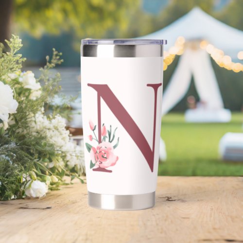Burgundy Letter N and Blush Floral Design Insulated Tumbler