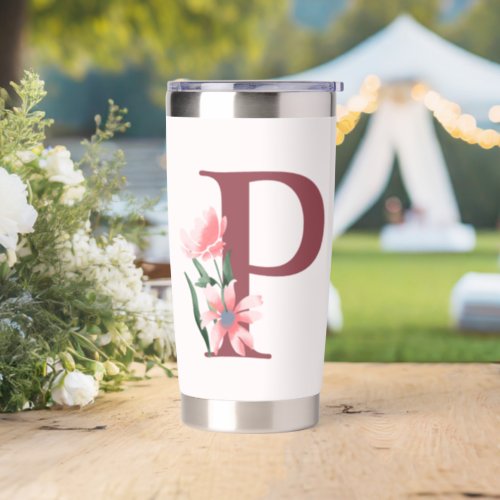 Burgundy Letter P and Blush Floral Design Insulated Tumbler