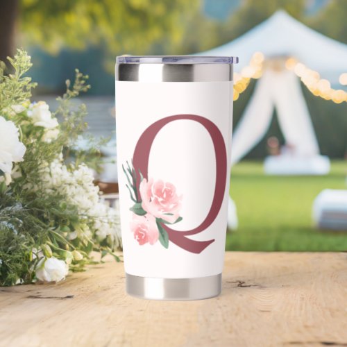 Burgundy Letter Q and Blush Floral Design Insulated Tumbler