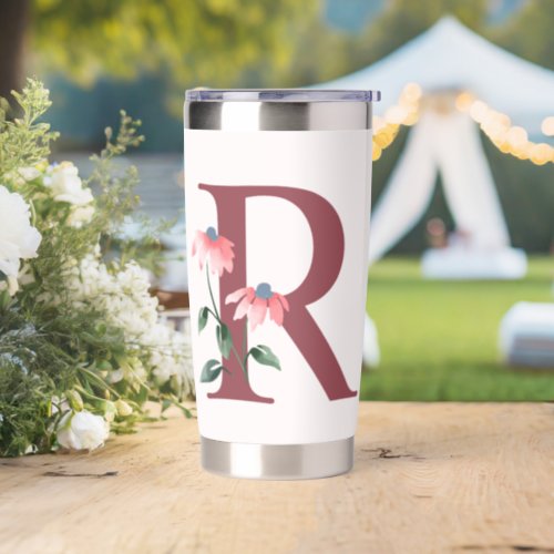 Burgundy Letter R and Blush Floral Design Insulated Tumbler