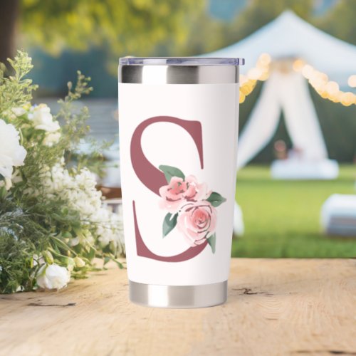 Burgundy Letter S and Blush Floral Design Insulated Tumbler