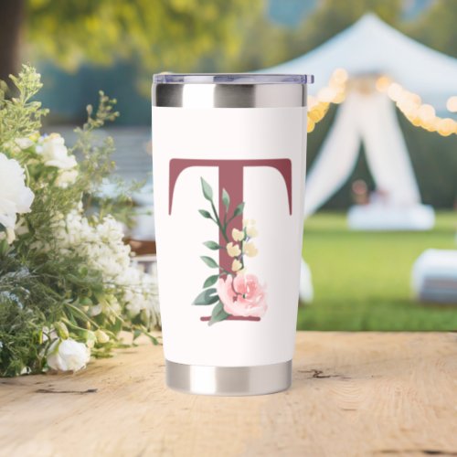 Burgundy Letter T and Blush Floral Design Insulated Tumbler