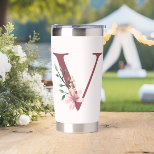 Burgundy Letter V and Blush Floral Design Insulated Tumbler