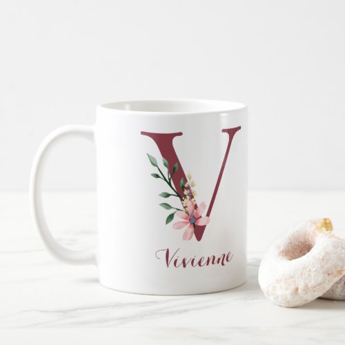 Burgundy Letter V and Blush Floral Personalized Coffee Mug