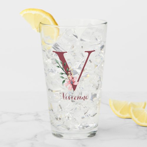 Burgundy Letter V and Blush Floral Personalized Glass