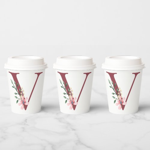 Burgundy Letter V and Blush Floral Personalized Paper Cups