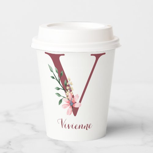 Burgundy Letter V and Blush Floral Personalized Paper Cups