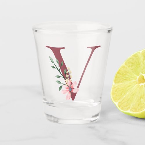 Burgundy Letter V and Blush Floral Personalized Shot Glass