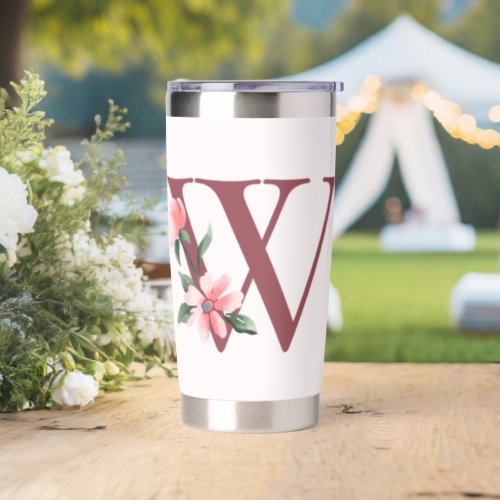 Burgundy Letter W and Blush Floral Design Insulated Tumbler