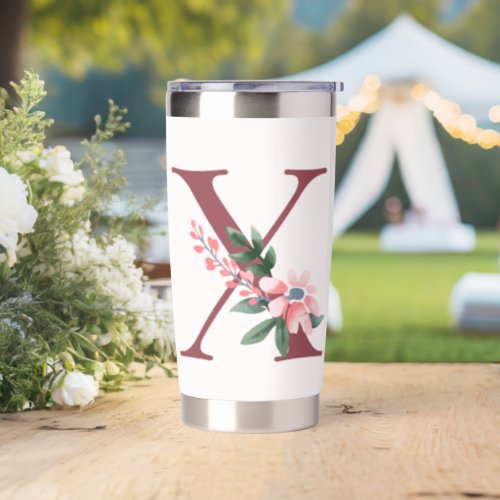 Burgundy Letter X and Blush Floral Design Insulated Tumbler