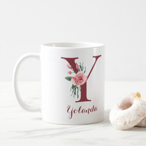 Burgundy Letter Y and Blush Floral Personalized Coffee Mug