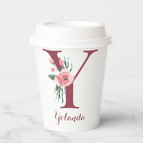 Burgundy Letter Y and Blush Floral Personalized Paper Cups