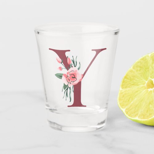 Burgundy Letter Y and Blush Floral Personalized Shot Glass