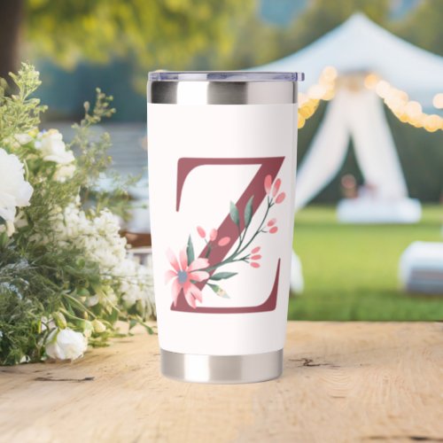 Burgundy Letter Z and Blush Floral Design Insulated Tumbler