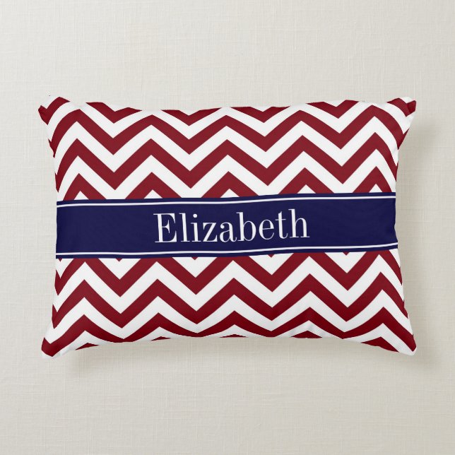 Burgundy Lg Chevron Navy Blue Name Monogram Decorative Pillow (Front)