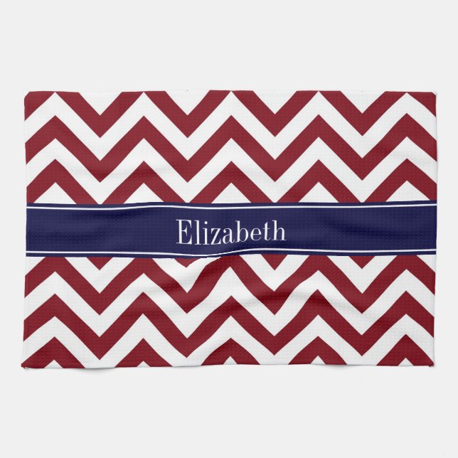 Burgundy Lg Chevron Navy Blue Name Monogram Kitchen Towel (Horizontal)