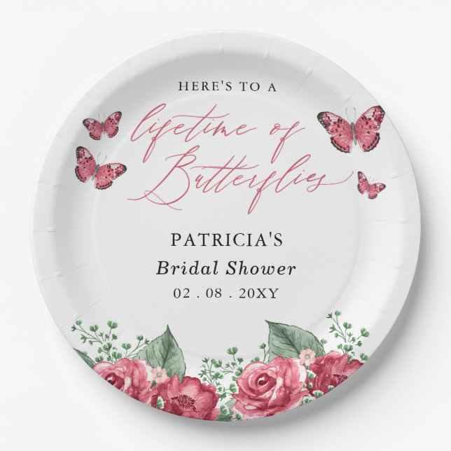 Burgundy Lifetime of Butterflies Bridal Shower Paper Plates (Front)