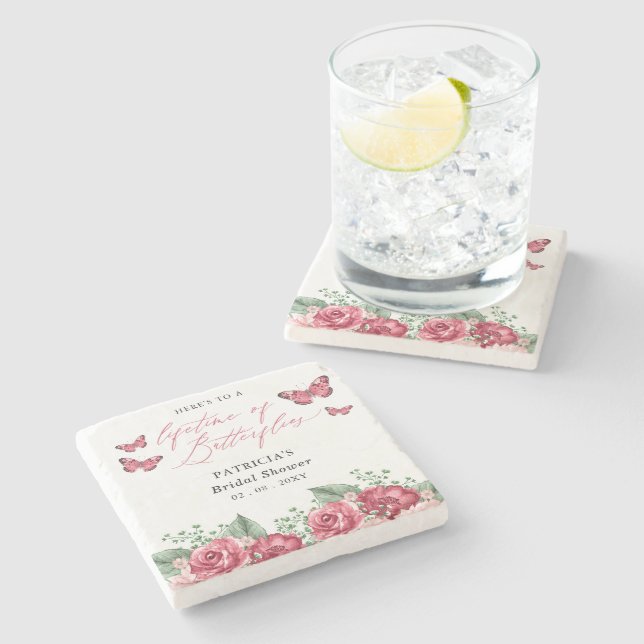 Burgundy Lifetime of Butterflies Bridal Shower Stone Coaster (Side)