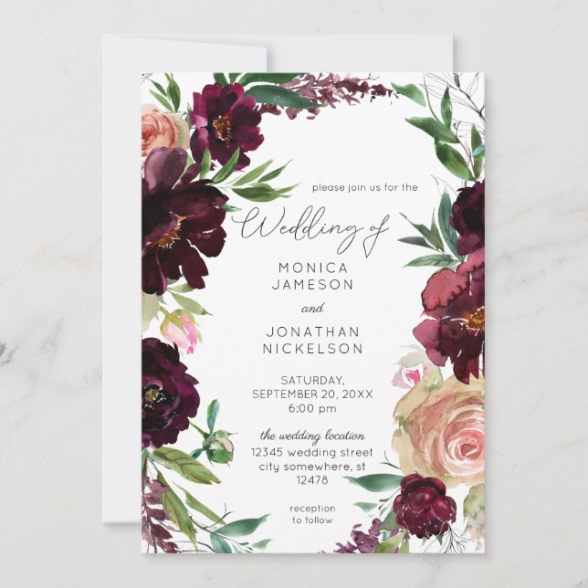 Burgundy & Light Blush Pink Floral Wedding Invitation (Front)