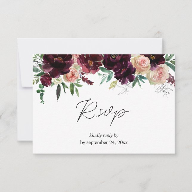 Burgundy & Light Blush Pink Floral with Meal RSVP Card (Front)